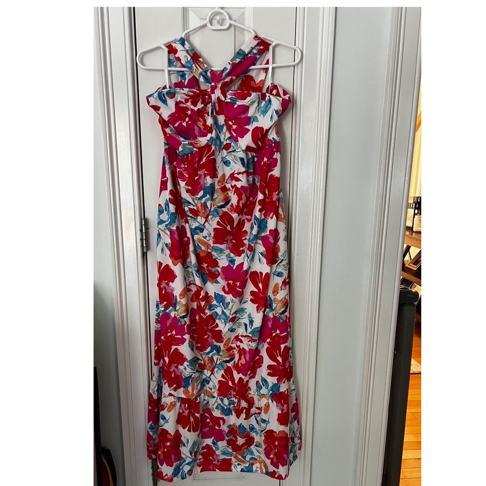 Grace Karin Floral Halter Maxi Dress Red Pink Blue Bow Front Pockets Large